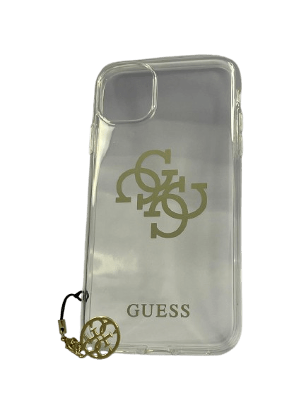 Protector GUESS transparente con logo y charm en color oro. - Dcel Accesorios